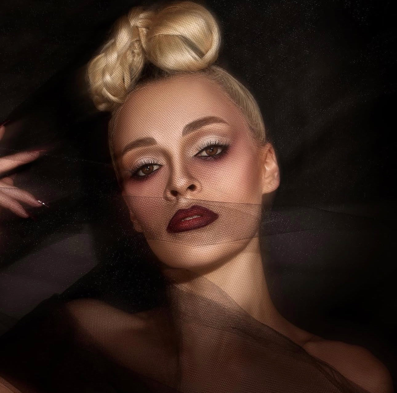 Dark glamour beauty with sheer tulle veil